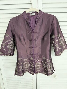 Vintage Madame Butterfly Purple Satin Chinese Tang Suit Jacket - Sz 4